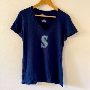 Seattle Mariners Majestic Bling Logo Short Sleeve V-Neck Navy Tee -Large